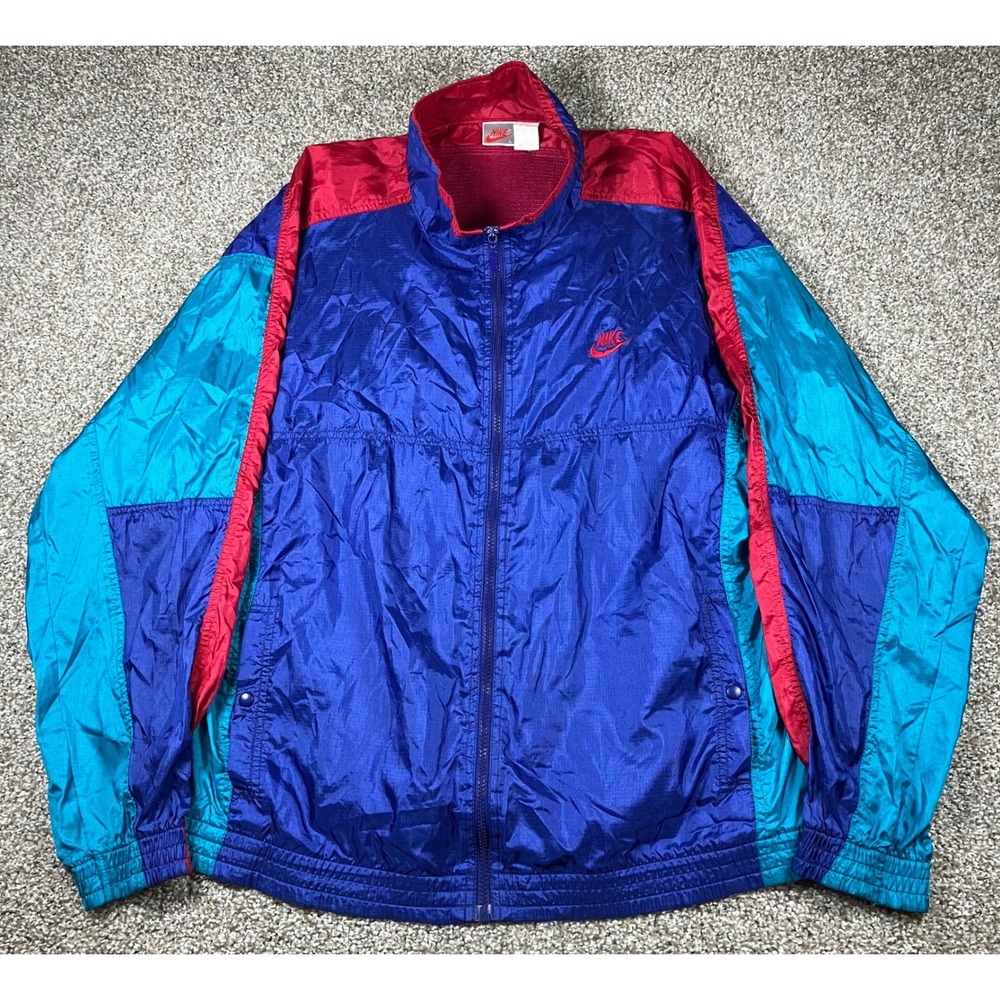 Vintage Nike 90s Colorblock Windbreaker Jacket Blue Red Teal Mens Large Gray Tag